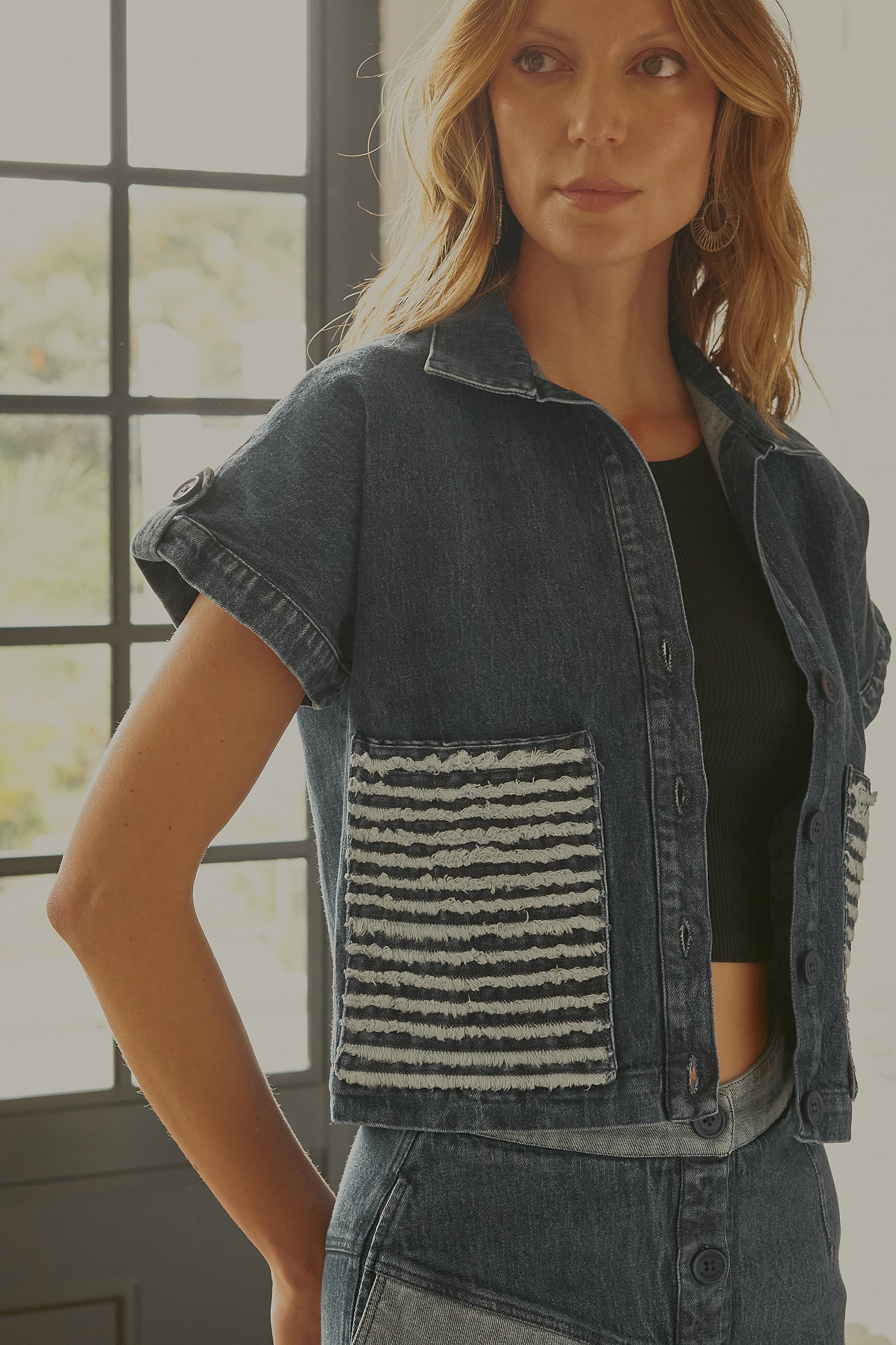 Camisa Bolsillo Tiras Denim