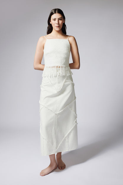 FALDA CORTES DENIM MARFIL